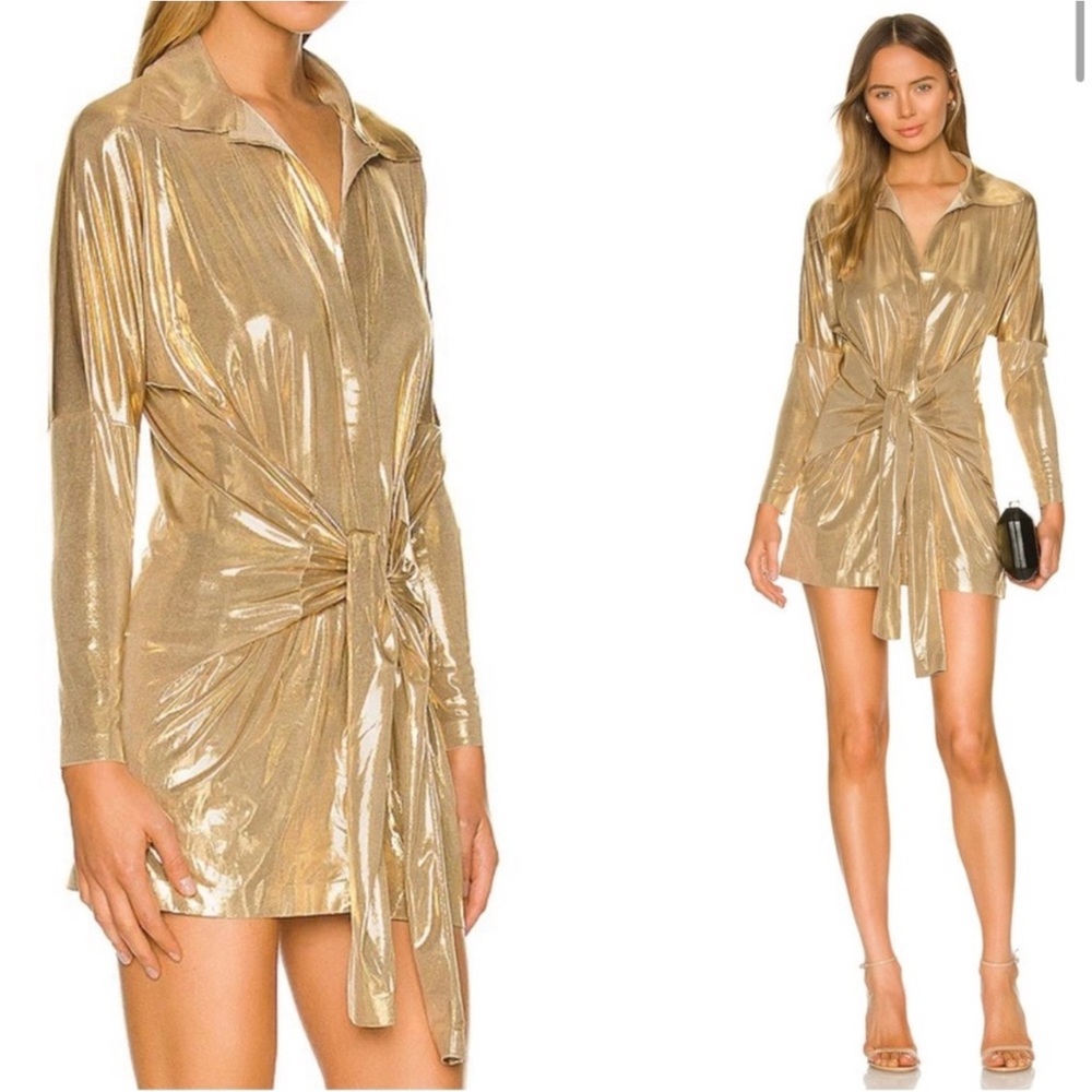 Norma Kamali Tie Front Metallic Gold Mini Dress XS